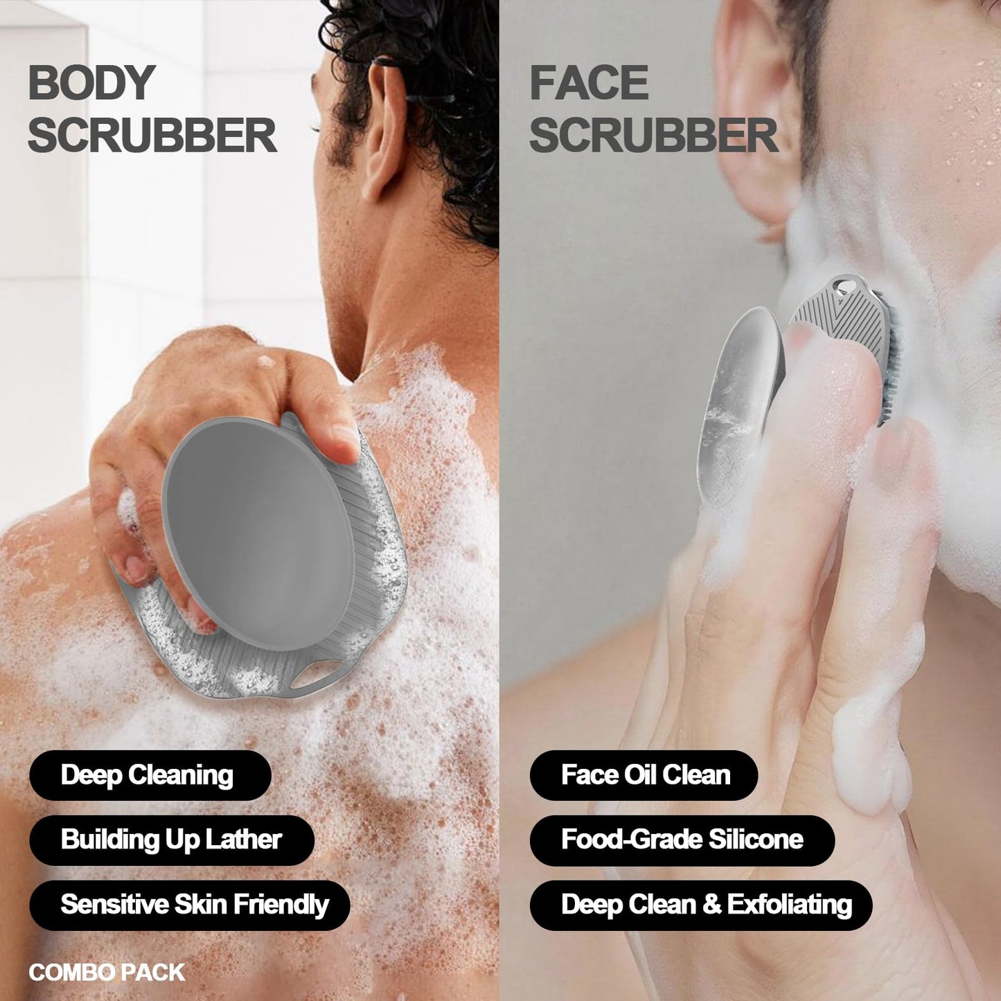 ARIOSOX, Soft Silicone Body Scrubber, Face Scrubber Silicone, Gentle Texture Exfoliating Body Scrubber for Men and Women On Sensitive Skin, Back Large Suction Cup for Easy Dry and Store (Gray)