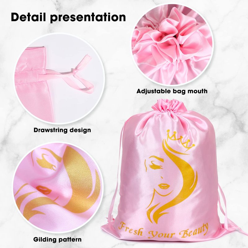 AIHOPESTO 6PCS Satin Storage Pouches for Multiple Hair Pieces - Silk Drawstring Organizers for Bundles, Extensions & Packaging (Pink)