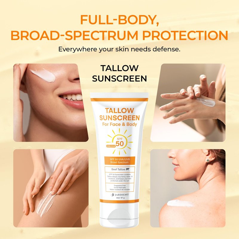 Beef Tallow Sunscreen SPF 50 with Mineral : Instant Sun Protection Non Nano Zinc Oxide Sunblock- Non Greasy Formula- Beach Jogging Outdoor Sports - 3 Fl oz, 85g