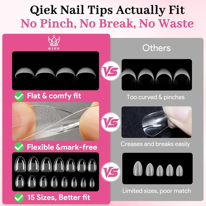 Skiennix Extra Short Almond Fake Nail Tips - 240 PCS Clear Half Matte Press-On Extensions | 15 Sizes for DIY Nail Art