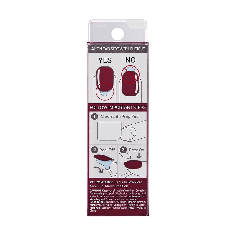 Kiss Impress No Glue Mani Press On Nails, Color, 'Red Velvet', Red, Short Size, Squoval Shape, Includes 30 Nails, Prep Pad, Instructions Sheet, 1 Manicure Stick, 1 Mini File