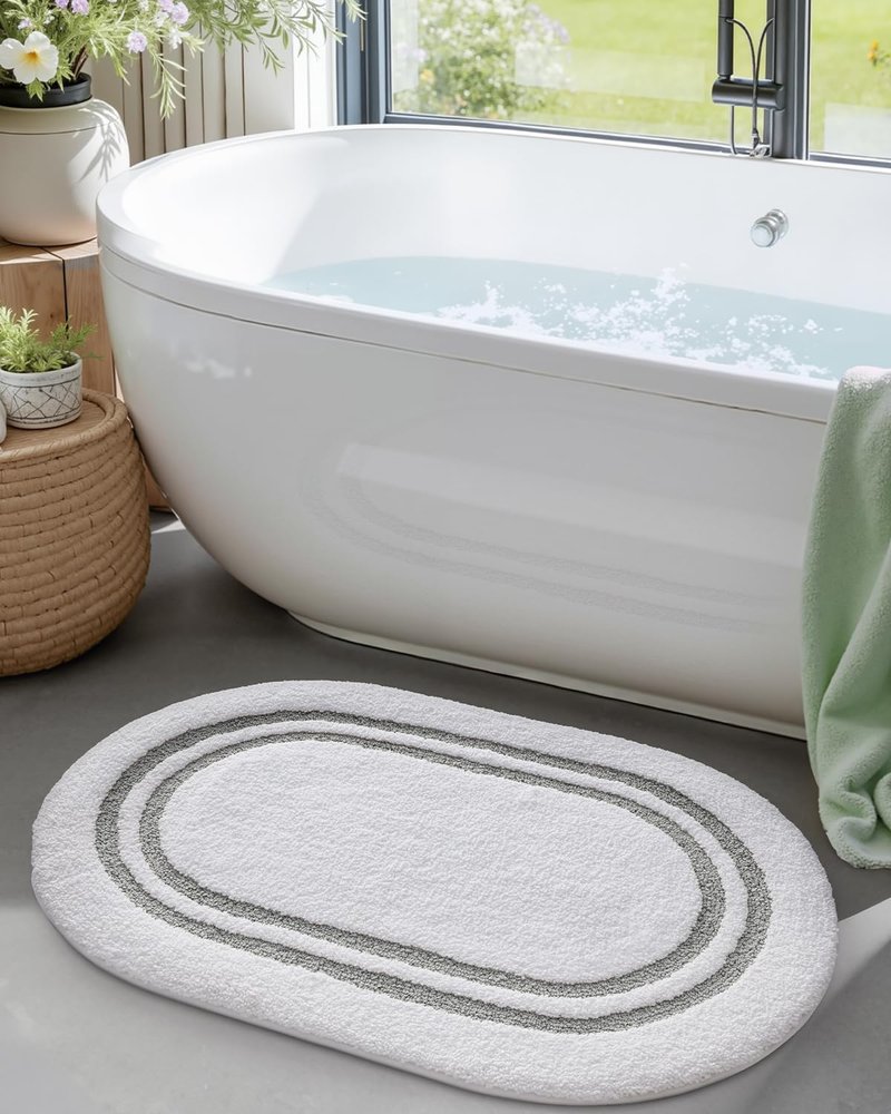 DEXI Oval Bath Mats for Bathroom, 17x30 Absorbent Bath Mat, Washable Microfiber Bathroom Rug with Non Slip Backing for Shower Floor, Light Grey