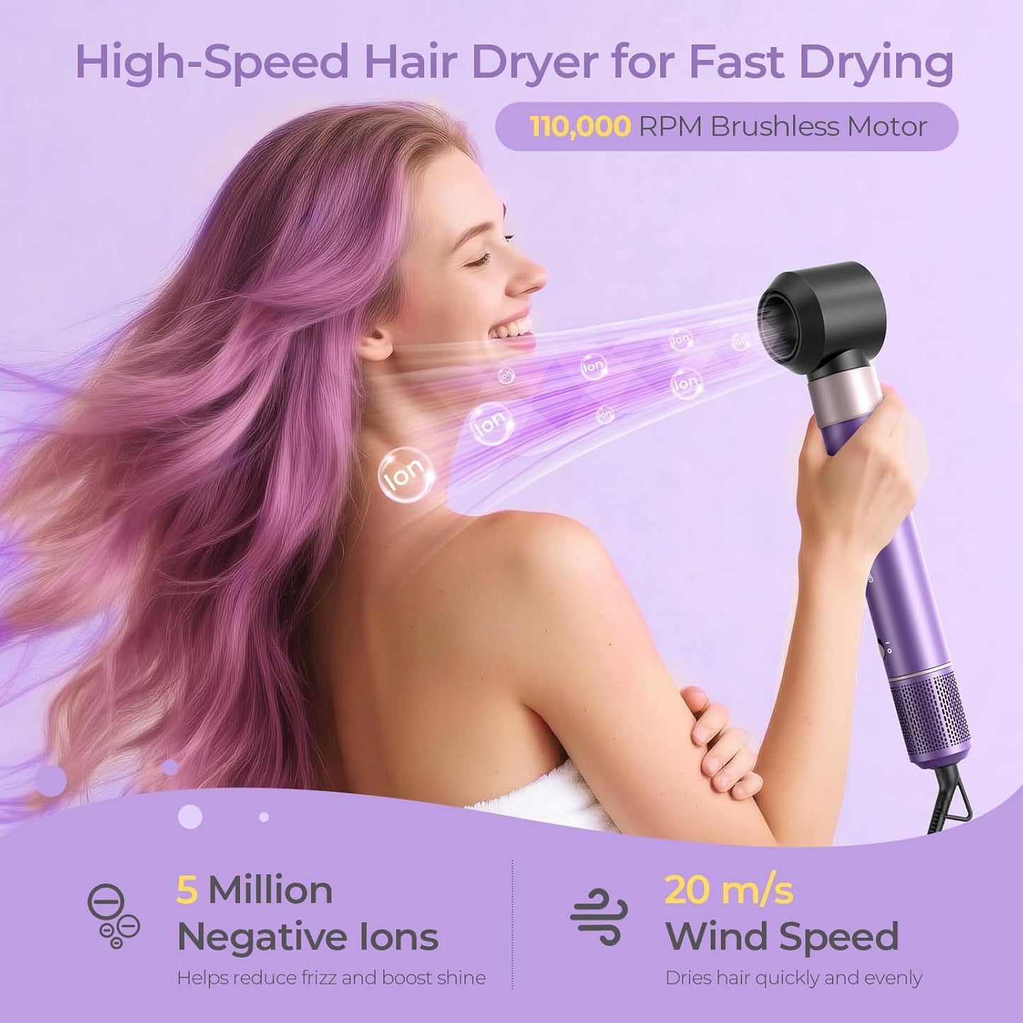 Vincofy 7-in-1 Blow Dryer Brush Set - Ionic Hot Air Styler for Fast Drying & Curling - 1500W Power in Lilac