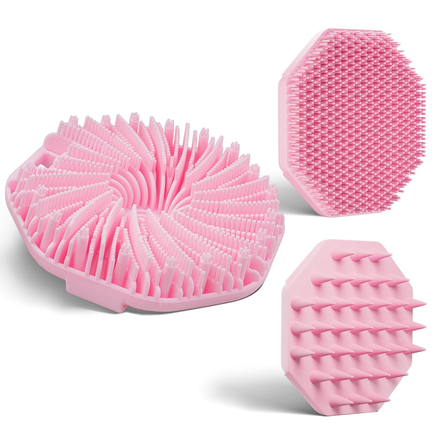 3 Soft Silicone Skin Scrubbers - Body Scrubber Exfoliating Brush Bath Shower Tool, with Gentle Manual Face Cleansing Wash Scrubber, with Hair Scalp Massager Shampoo Brush (Pink)