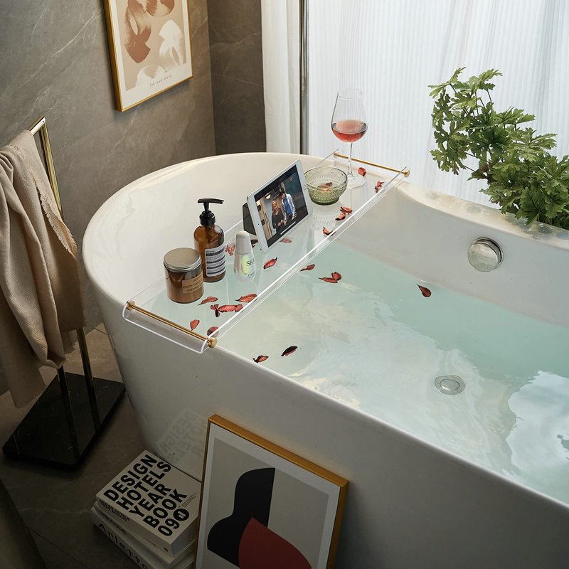 Bathtub Tray Clear Caddy Rack Acrylic Tub Tray Shelf with Gold Rails 31.5 inches Bathroom Accessories Rack Suitable for All Bathtubs.