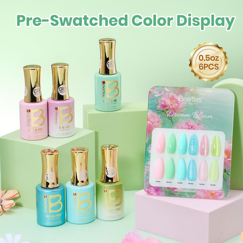 Beetles Hema Free Gel Polish Set, 15 ML 6 Colors Pastel Cat Eye Pink Green Blue Glitter Gel Nail Polish Kit Soak Off UV Nail Art DIY at Home Salon Spring Summer Gift for Women