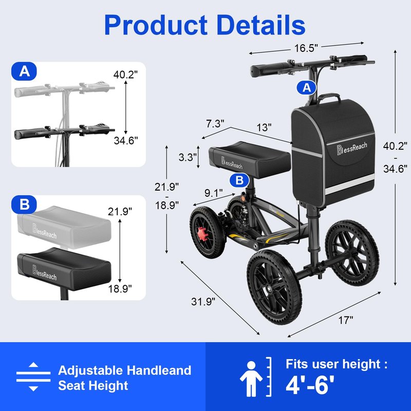 BlessReach 350 Lbs Capacity Foldable All Terrain Knee Scooter Walker - Economical Foot Injury Crutch Alternative - Black