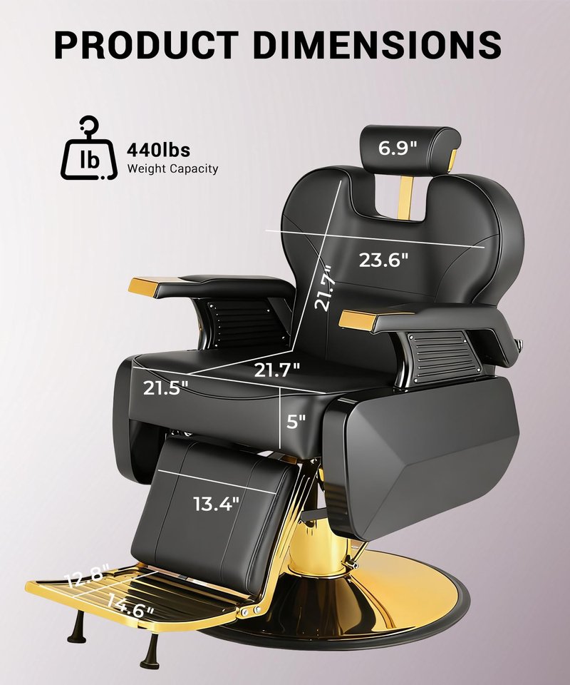Felivine Barber Chair, Heavy Duty Barber Chair for Home Reclining Barber Chair with Adjustable Headrest & Footrest, All-Purpose Barber Chairs Adjustable Hydraulic 360° Swivel, Black Gold