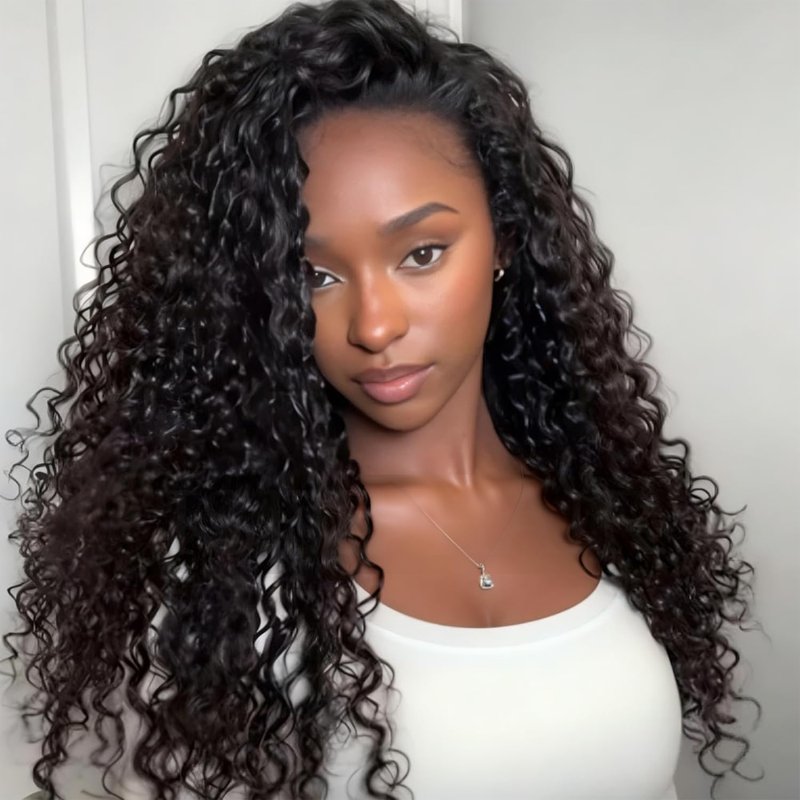 NZINZI Water Wave Half Wig Human Hair 3 In 1 Seamless Flip Over Half Wigs for Black Women Ready to Go Headband Wig 180% Density Drawstring Curly Half Wig Glueless Natural Black 26 Inch