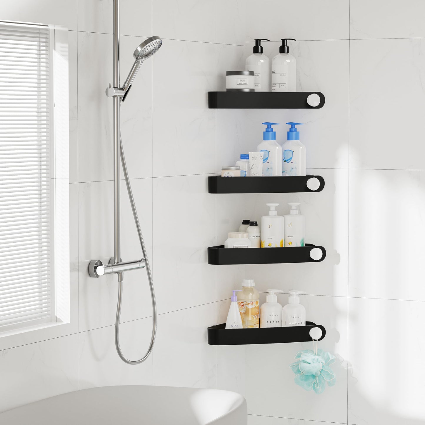 Sotfamily Plastic Shower Caddy Corner (for 90° Only), 4 Pack Adhesive Corner Shower Shelves for Smooth Wall Bathroom Organizers and Storage, Black