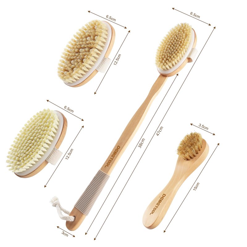DEBETOOL Dry Brushing Set - Natural Boar Bristle Body & Face Brush, Wooden Long Handle Scrub Brush for Cellulite & Lymphatic Drainage Body Care, Detachable, 3 Brush Heads