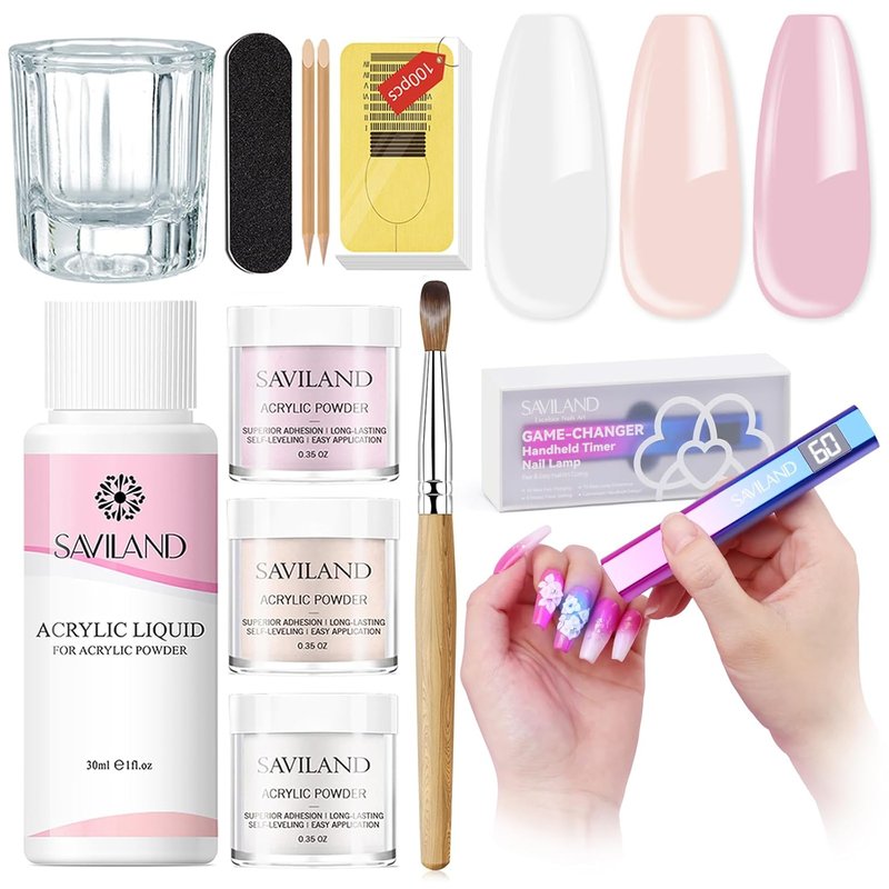 Acrylic Nail Kit with Mini Nail Lamp - Clear & Nude Pink Powder Set | 12W Light for Home DIY Manicure