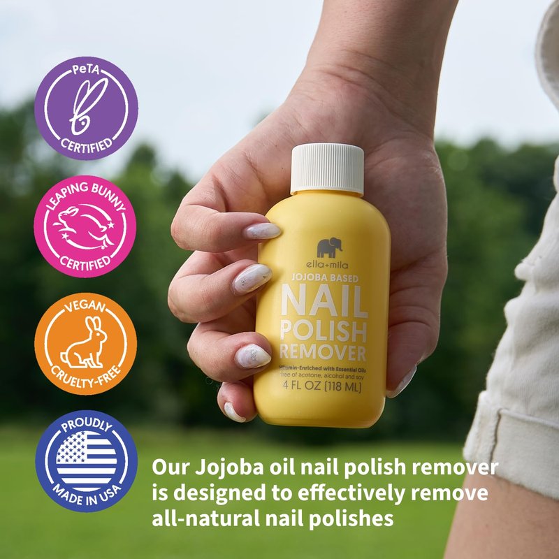 ella+mila Jojoba Nail Polish Remover - Non-Acetone, Non-Toxic Fingernail Polish Remover for Natural Nails - Vegan, Gentle Formula with Jojoba Oil & Vitamins A, C, E (4 fl oz)