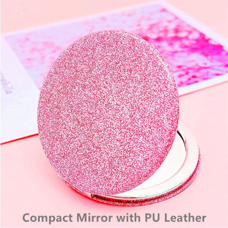 Compact Pink Makeup Mirror - Portable 2x Magnification with Glitter | Travel Essential for Women