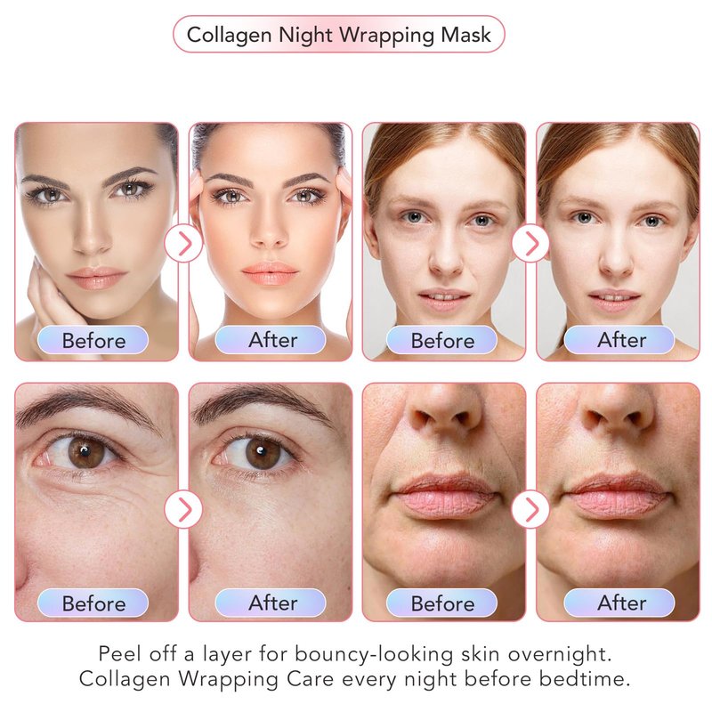 Shuangjia Collagen Night Wrapping Mask with Brush 2.53 fl.oz, Collagen Overnight Wrapping Peel Off Facial Mask Pack, Reduces Sagging & Dullness - Hydrolyzed Collagen For Glowing Skin, For Glass Skin