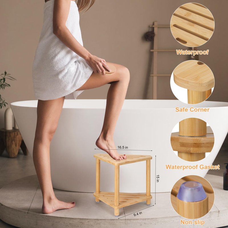 Dozesheep Bamboo Corner Shower Stool for Shaving Legs, Shower Bench for Inside Shower Foot Rest with 2-Tier Waterproof Storage Shelf for Inside Small Shower Spaces Bath Seat