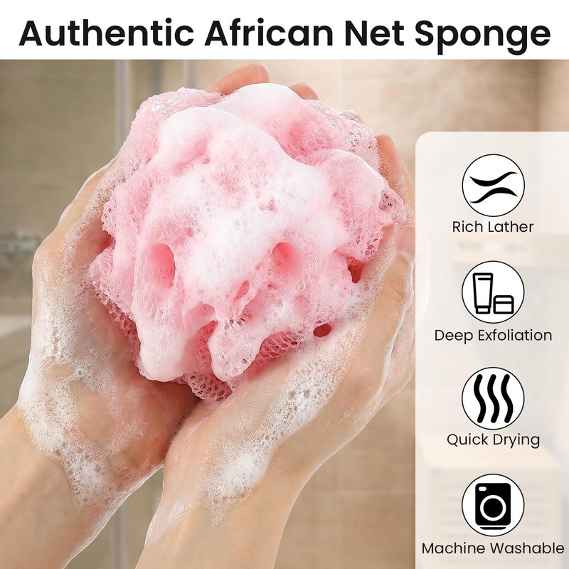 KFHENSOMR African Net Sponge 2Pcs Authentic Exfoliating Body Scrubber Long Net Bath Sponge Loofah Back Scrubber for Shower All Body Skin Nylon (Purple, Pink)