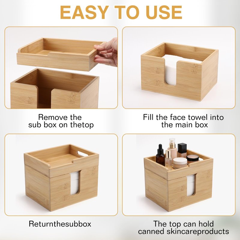 InnJoey Bamboo Disposable Face Towel Holder with 2 Glass Jars - Open-Top Skincare Organizer for Facial Cleansing Wipes & Beauty Essentials - Bathroom Countertop Vanity Organizer