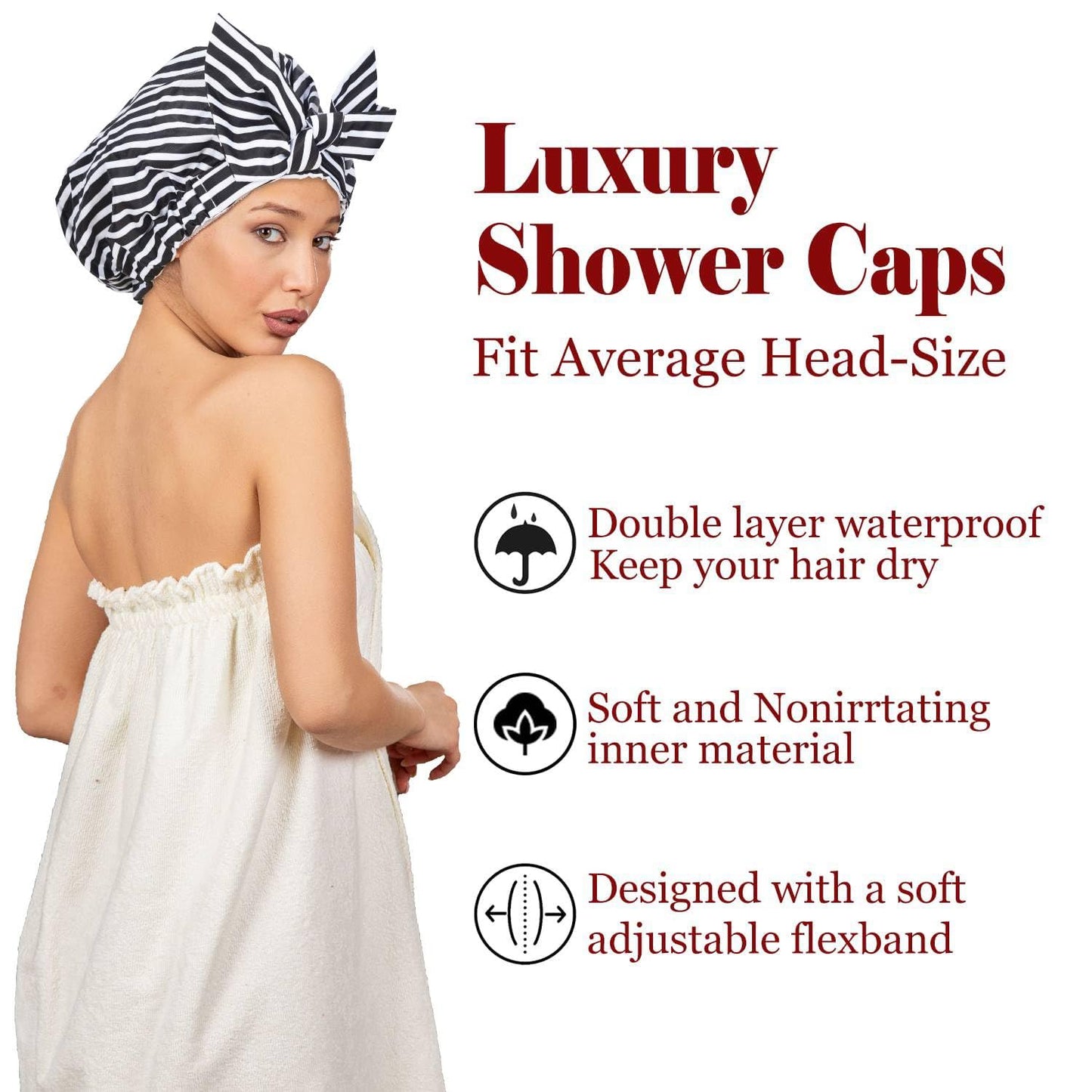 Luvruitaky Shower Cap Luxury Shower Caps for Women Reusable Waterproof Hair Cap for Shower with Adjustable Bowknot Hair Bath Cap (Black Stripe)