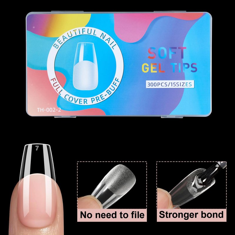 BlueZOO Gel Medium Coffin Etch X Nail Tips, 300Pcs 15 Sizes Acrylic Pre-Shaped Full Cover Clear False Nail Tip, Half Matte Press On Nails for Extension Nail Manicure Home DIY Salon Fake Nails with Box