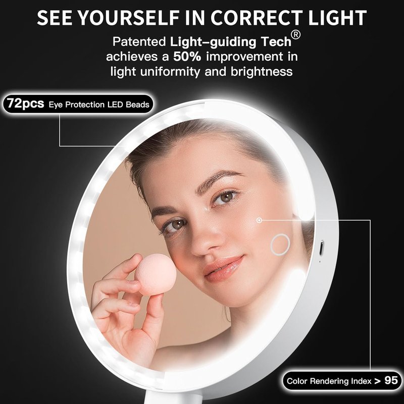 7-Inch Magnifying Mirror with Light - Rechargeable Double-Sided 10X/1X Handheld Makeup Mirror | Pink with Stepless Dimming