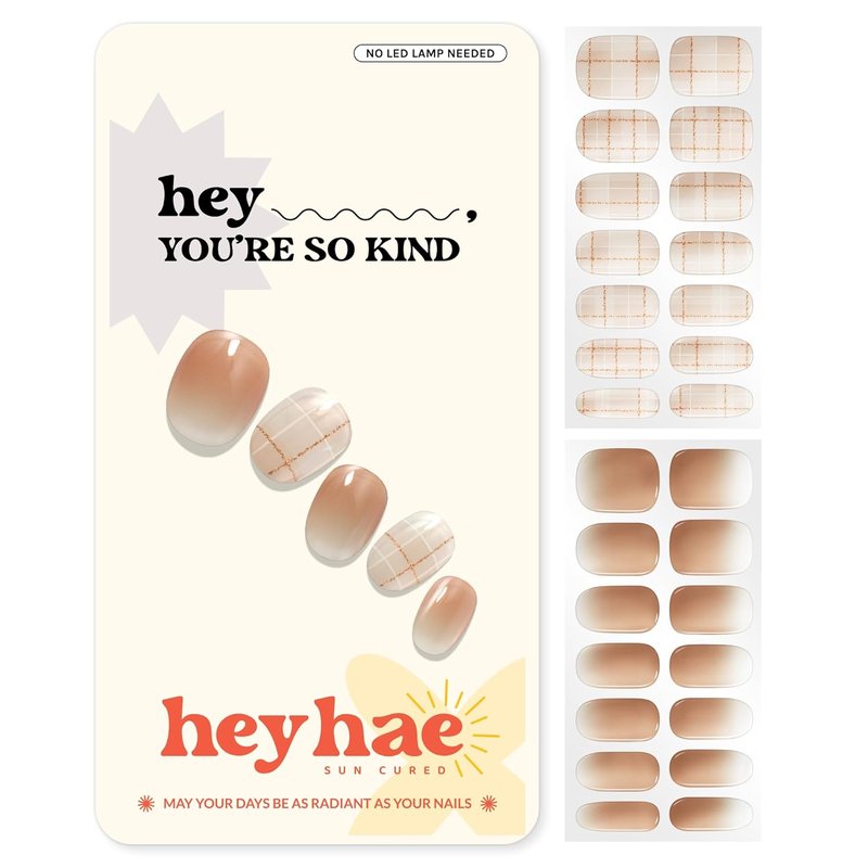 Heyhae Semi Cured Gel Nail Strips - Ombre Beige & Brown | No LED Lamp Needed | Easy Apply & Remove | 28 Strips, Prep Pads & Nail File Included