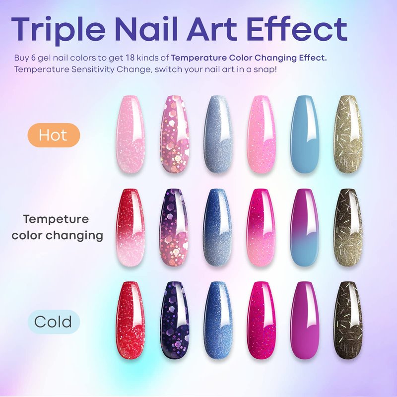 MODELONES Mood Gel Nail Polish Set Temperature Color Changing Gel Colors Collection Red Blue Glitter Gel Polish Soak Off 6 Colors Christmas Gifts New Year Holiday Salon DIY at Home
