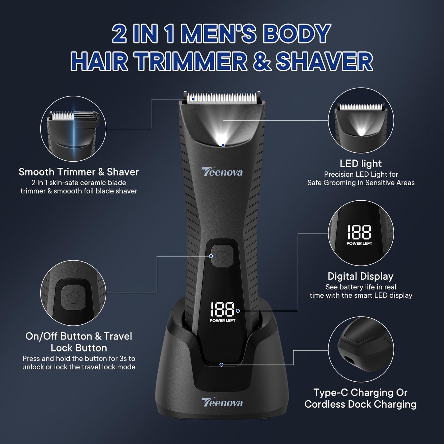 TEENOVA Pubic & Body Hair Trimmer for Men, 2 In 1 Electric Ball Groin Razor Shaver with Ceramic Blade, No Nick Mens Grooming Kit for Wet/Dry Use, Cordless Charging Body Groomer with Led Display, Black