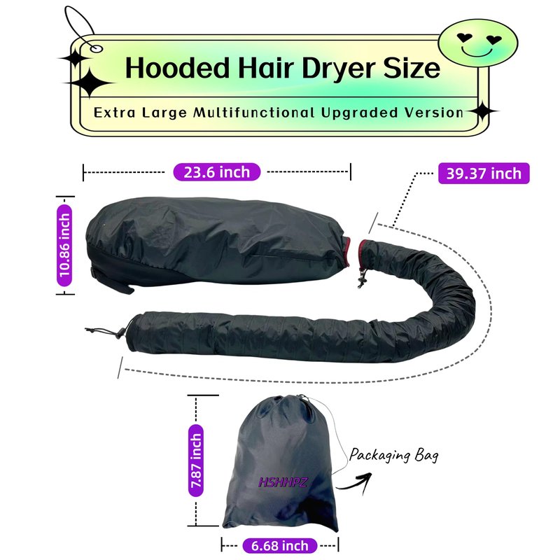 Hooded Hair Dryer for Curly Hair, Large Adjustable Blow Dryer Cap, Portable Hair Dryer Bonnet Attachment, Soft Diffuser for Fast Drying & Deep Conditioning, Headband Integrated Design (Black)