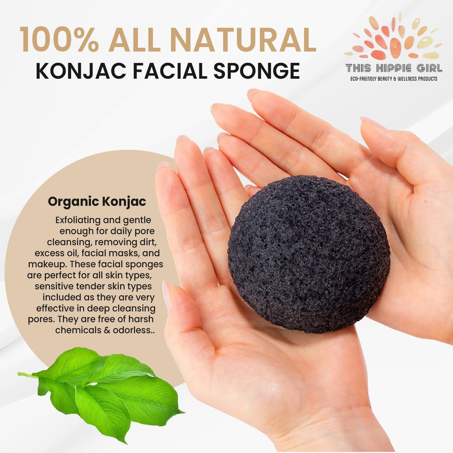 This Hippie Girl | Konjac Exfoliating Organic Facial Sponge | Plant Based Gentle Exfoliating Face Scrubbie | Acne Control Sponge | Charcoal Black (Black)