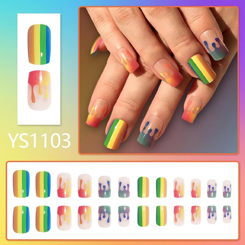 Rainbow Press On Nails - Medium Square Fake Nails with Colorful Stripes | Glossy Full Cover 24 Pcs for Summer