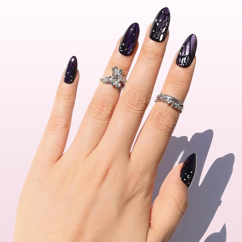 Press On Nails - Purple Mariposa Medium Almond Fake Nails | Glossy Finish with Cat Eye & Butterfly Wing - 30 Reusable Stick-On Nails in 15 Sizes