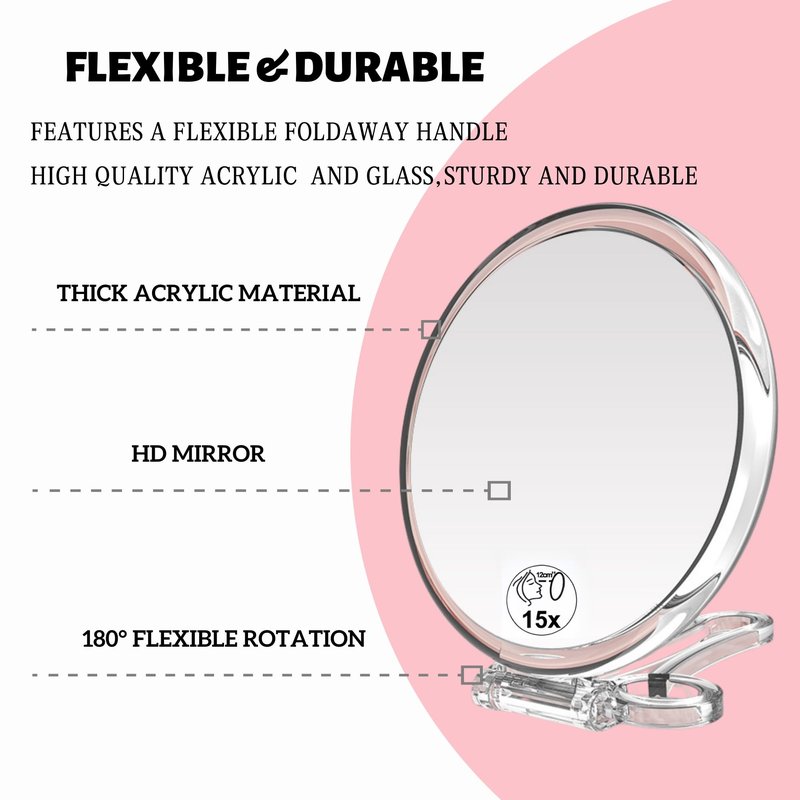 Double-Sided Magnifying Handheld Mirror, 1X & 15X Magnification, Folding Travel Makeup Mirror with Adjustable Rotation, Portable Vanity Desk & Hand Mirror