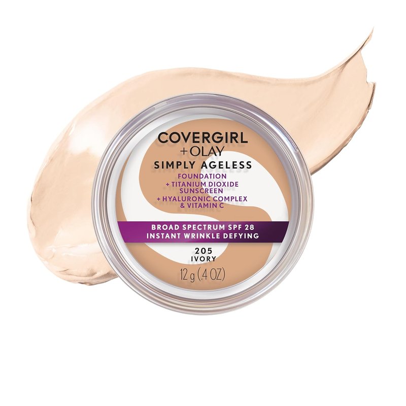 COVERGIRL Simply Ageless Foundation - Instant Wrinkle Defying, SPF 28, Hyaluronic Complex & Vitamin C | 205 Ivory
