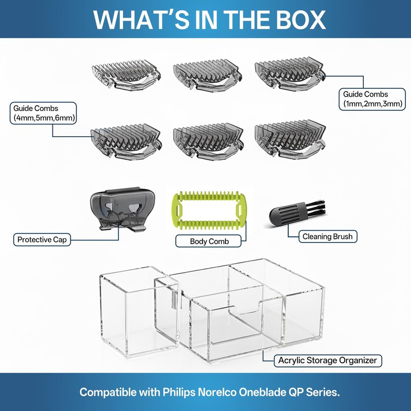 KIONCARE Guards Kit Plus for Philips Norelco OneBlade, with 1–6mm Guide Combs (6 Sizes), Replacement Body Comb, Protective Cap and Organizer Stand