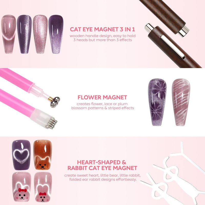AIMEILI Cat Eye Nail Art Magnet Set - Strong 3-in-1 Wooden Handle with Flower, French & Heart Designs