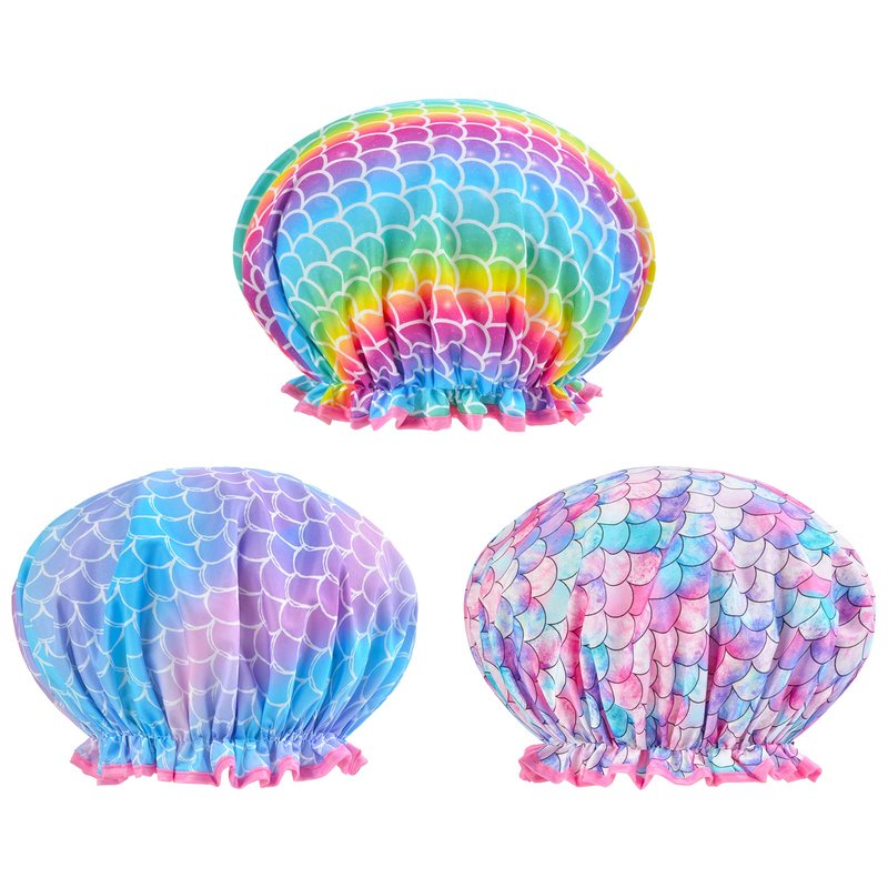 Olypegic Kids Shower Cap, 3 Pcs Girls Shower Cap for Kids Reusable Waterproof Adjustable Large Hair Cap Unicorn Mermaid Rainbow Cute Hair Cover Hat