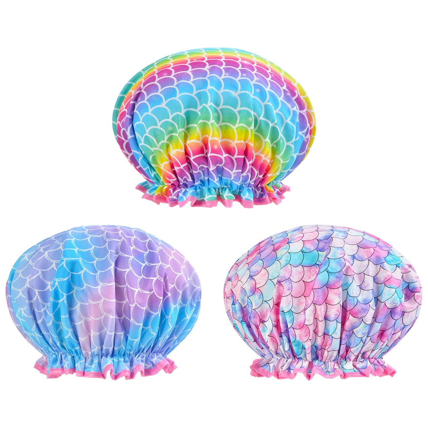 Olypegic Kids Shower Cap, 3 Pcs Girls Shower Cap for Kids Reusable Waterproof Adjustable Large Hair Cap Unicorn Mermaid Rainbow Cute Hair Cover Hat