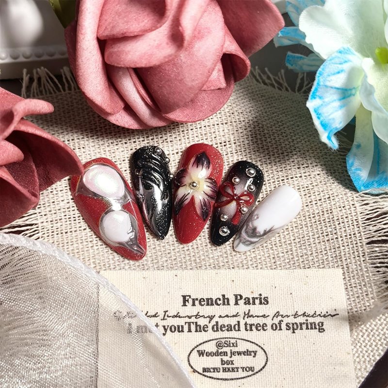 24Pcs Y2K Gothic Press on Nails Medium Almond Handmade Fake Nails Black Red 3D Flower Bow False Nails with Silver Metallic Designs Reusable Acrylic Nails for Women DIY Manicure Decorations