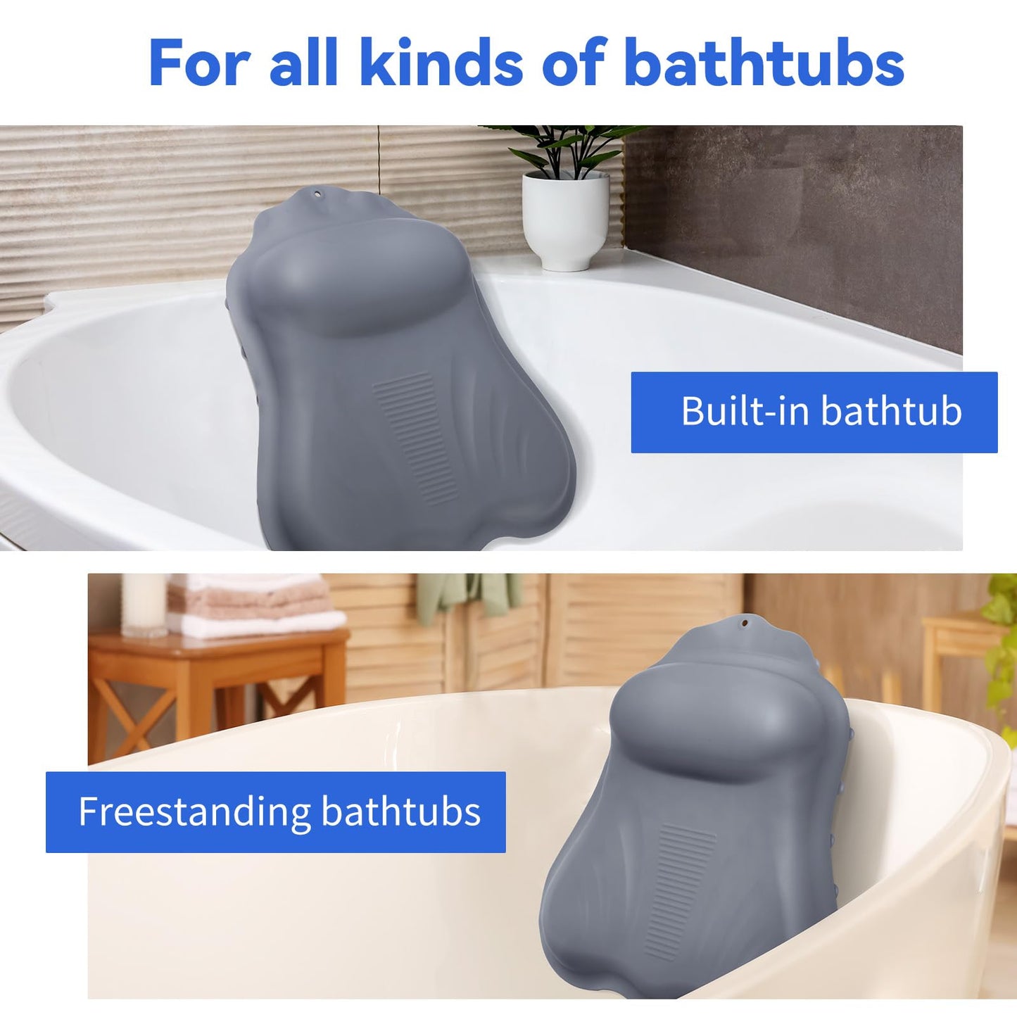 Goowin Bath Pillows for Tub, New Generation Skin-Friendly Silicone Bath Pillow, Luxury Bathtub Pillow for Head and Neck, Powerful Suction Tub Pillow for Bathtub with Inflatable Airbag (Grey)