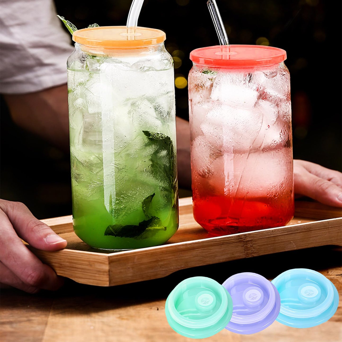 20-Pack Colorful Acrylic Cup Lids with Straw Hole - Spill-Proof Reusable Covers for 16oz Glasses & Tumblers - Perfect for Iced Coffee, Beer, Beverages