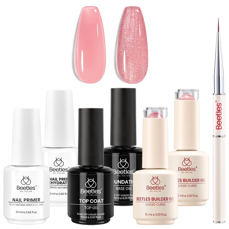Beetles Builder Gel Set with Nail Dehydrator and Primer,Base Top Coat,Rosy Dew-Pink & Glitter Pink for Nails Extension & Apex Strengthening, Thickening Weak Nails, DIY UV Nail at Home for Beginners