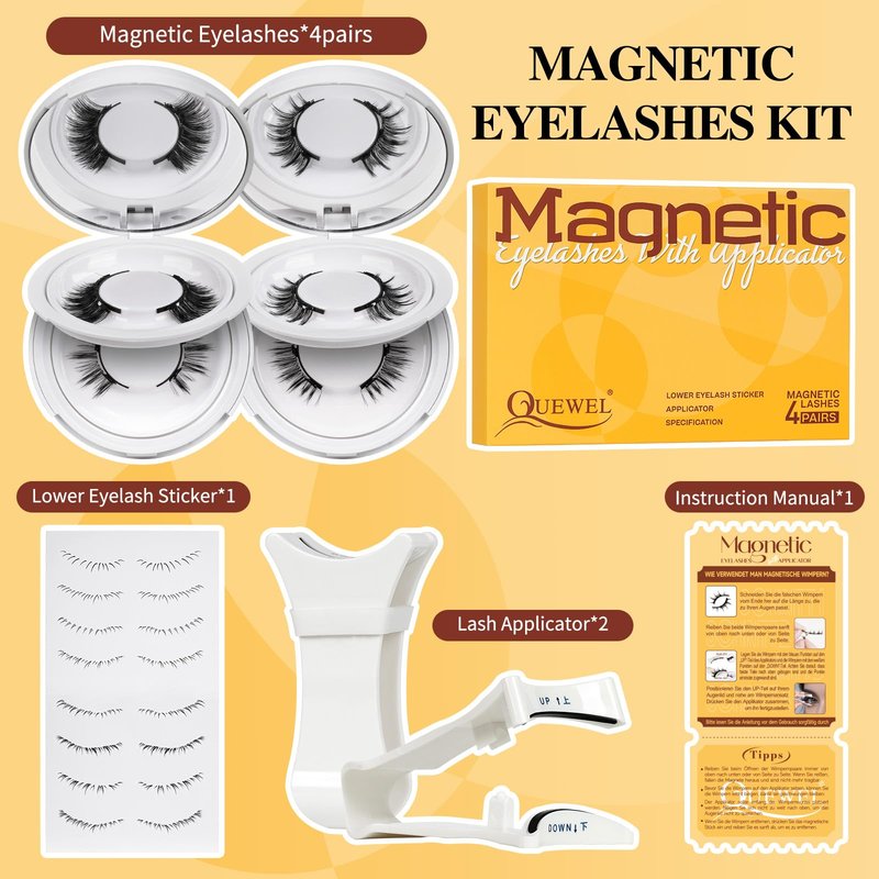 QUEWEL Magnetic Eyelashes 4 Pair Reusable Magnetic Eyelashes with Applicator No Glue Needed Eyelashes Natural Look Lash Clusters Kit Easy to Wear and Remove(4 Pairs-B08)