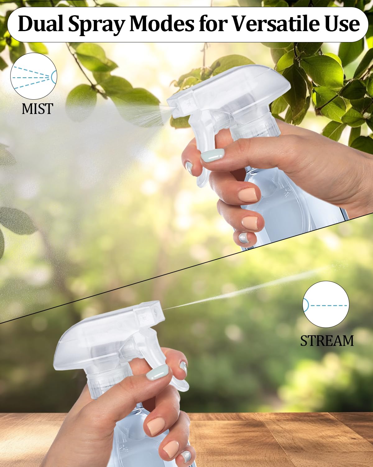 TERESRY 2 Pack 360° Spray Bottles, 10 oz Plastic Small Containers with Adjustable Spray Nozzles, Spray Bottles for Hair, Cleaning Solutions, BBQ and Plants Clear