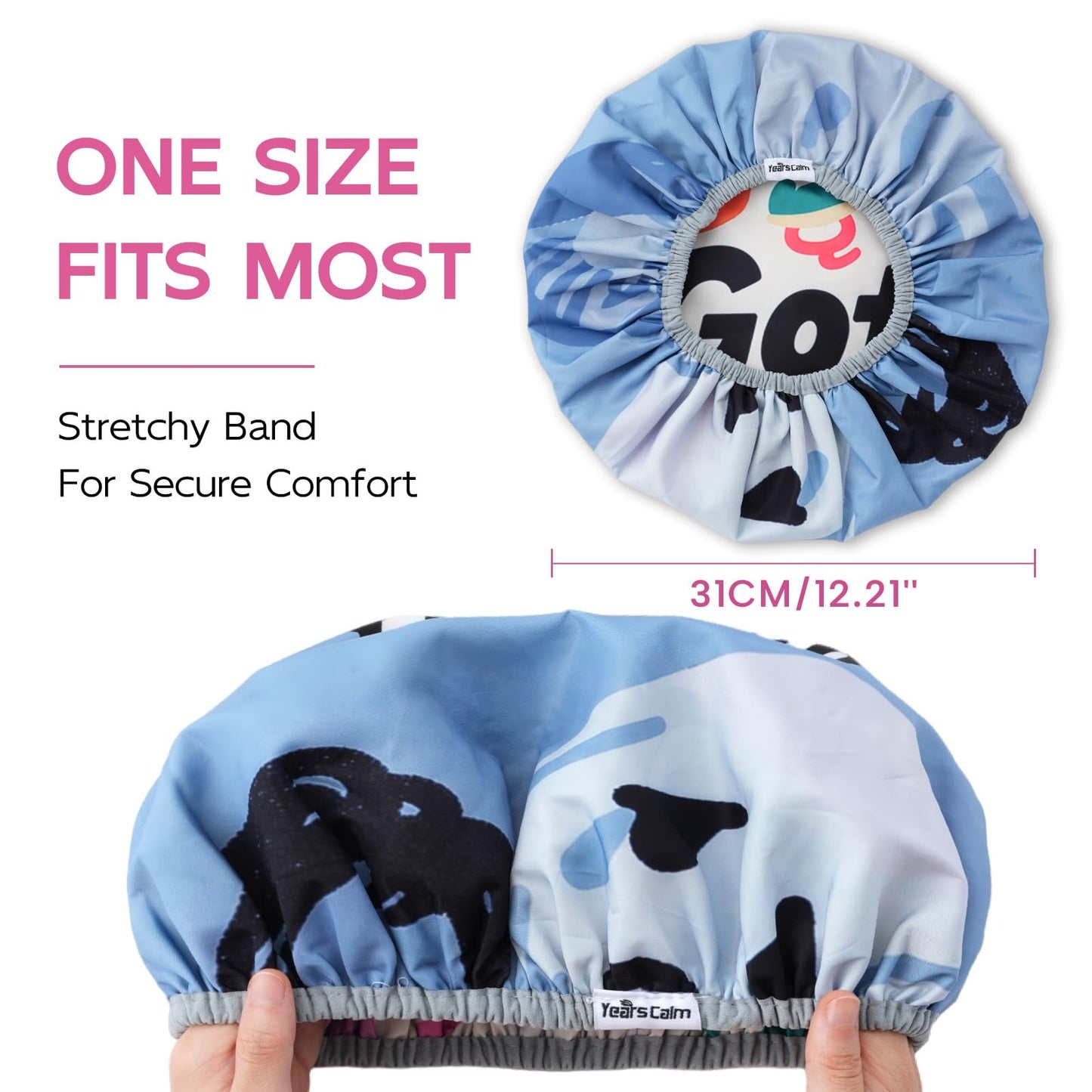 Years Calm Waterproof Shower Cap for Women - Double Sided Design for Long Thick Hair, Secure Fit & Flexible Elastic Band, Reusable Bath Cap for Shower, Spa, Travel (Mood Switch 2)