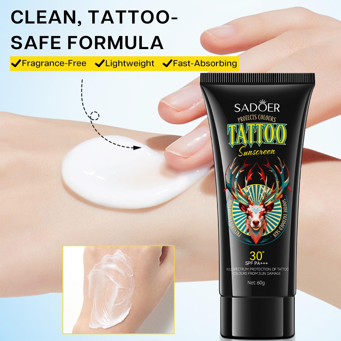 VRAIKO SADOER Tattoo Sunscreen SPF 30+, Fade Protection & Anti-Aging Formula with Avocado Oil, Jojoba Oil, Hyaluronic Acid and Aloe, Moisturizer for Vibrant Tattoos, 2oz