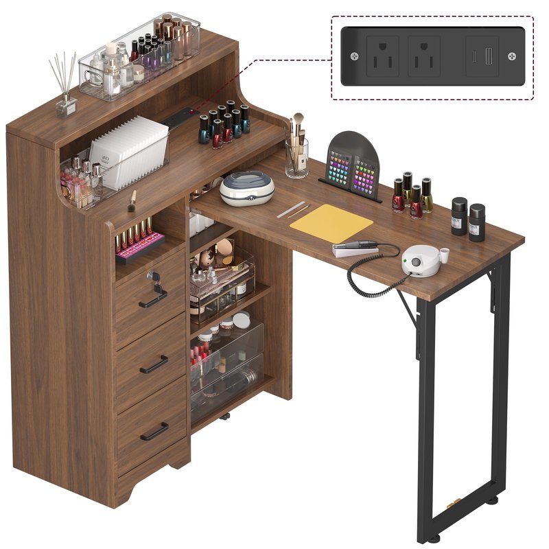 DUDUSHIMAN Foldable Nail Desk for Nail Tech, L Shape Manicure Table with Cabinet Drawer & Built-in Charging Station, Portable Nail Table for Beauty Salon Workstation (Brown)