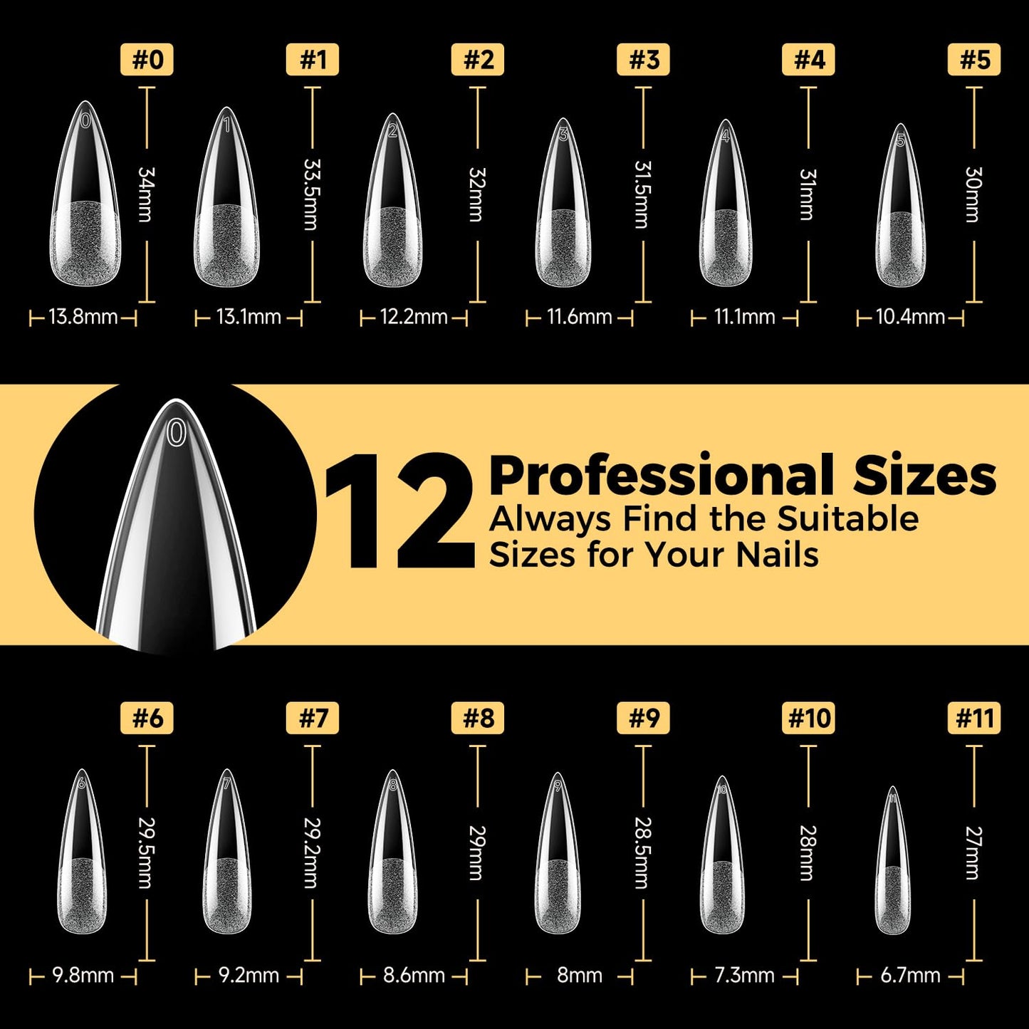 UNA GELLA Long Stiletto Gel Nail Tips 600Pcs Pre Etched Long Stiletto Almond Nail Tips Clear Fake Nails Press on Nails No C Curve for DIY Art Salon at Home 12 Sizes