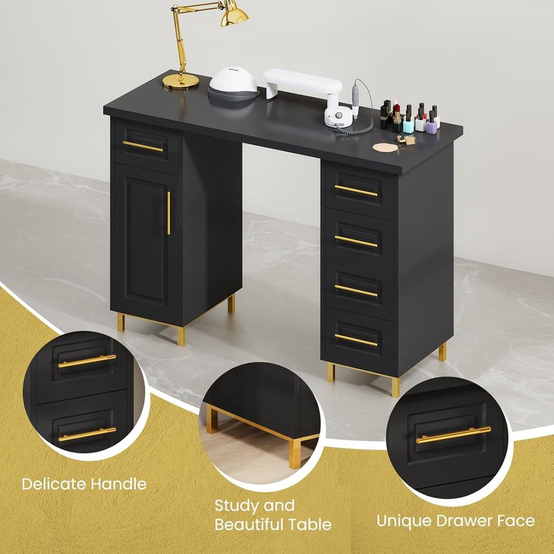 Black and Gold Nail Tech Desk - 43 Inch Manicure Table with 5 Drawers & Storage for Beauty Salons | Wooden Salon Spa Furniture