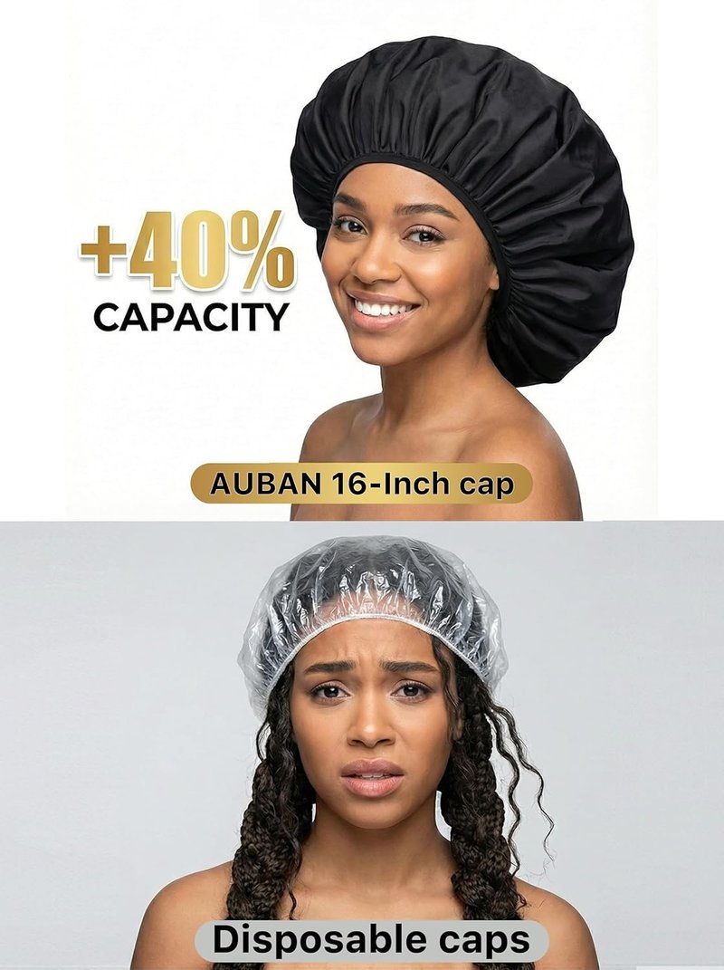 Auban Extra Large Shower Cap - Double-Layer Waterproof Bonnet for Thick, Long Hair | Black Satin Lining